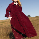 The Hybrid Dress in wine red corduroy