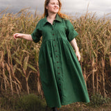 The Hybrid Dress in soft green linen