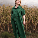 The Hybrid Dress in soft green linen