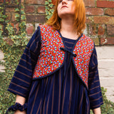 The Waistcoat in Red vintage flowers/Navy quilted cotton