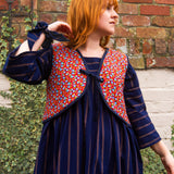 The Waistcoat in Red vintage flowers/Navy quilted cotton