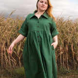The Hybrid Dress in soft green linen