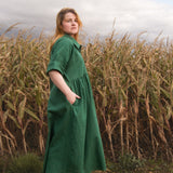 The Hybrid Dress in soft green linen