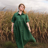 The Hybrid Dress in soft green linen