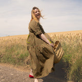 The Double Take Dress in Red Polka on Green Cotton