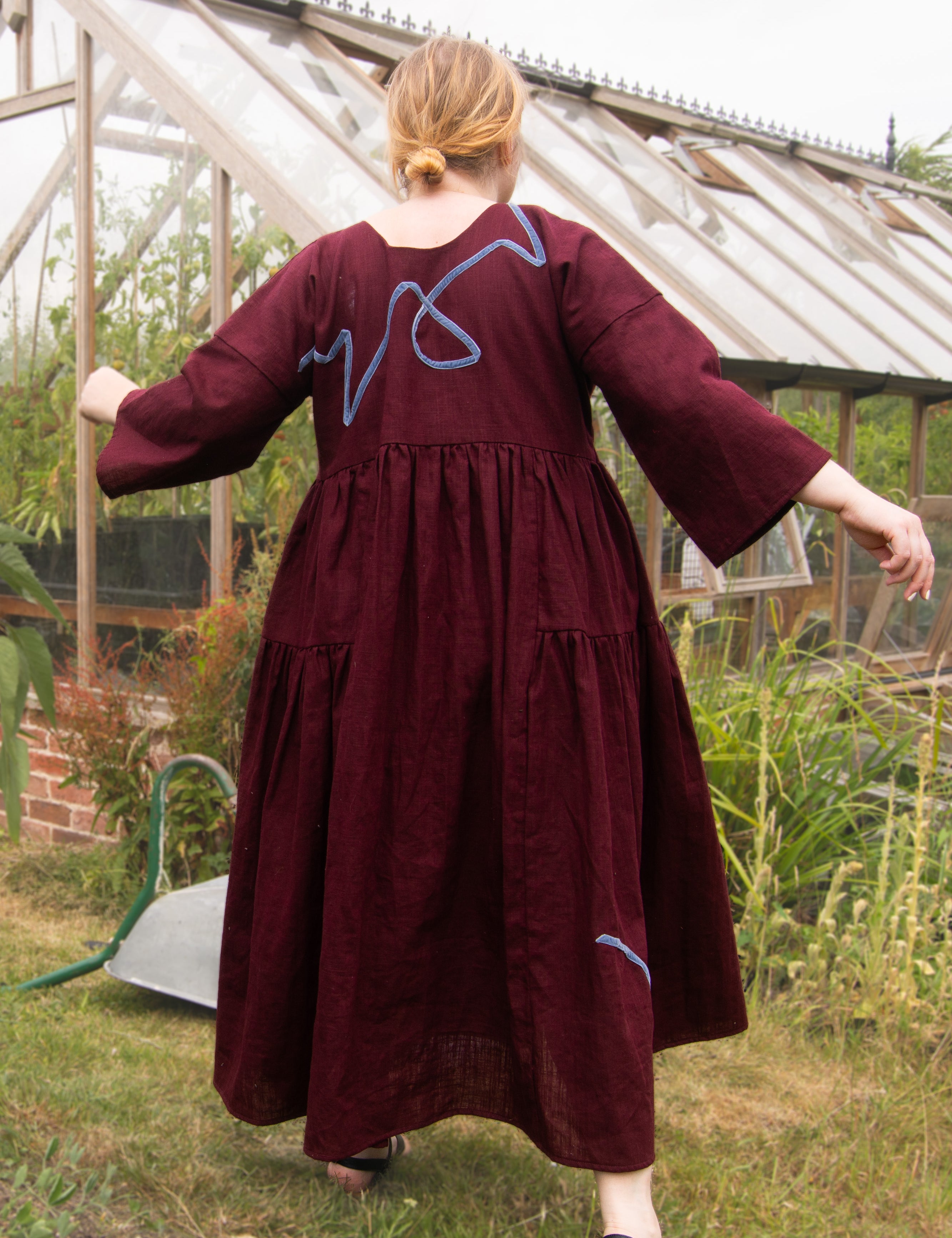 The Double Take Dress in Berry Linen with ribbon appliquè - House of Flint