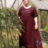 The Double Take Dress in Berry Linen with ribbon appliquè