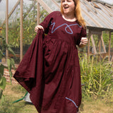 The Double Take Dress in Berry Linen with ribbon appliquè
