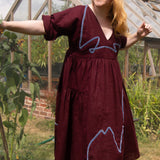 The Double Take Dress in Berry Linen with ribbon appliquè