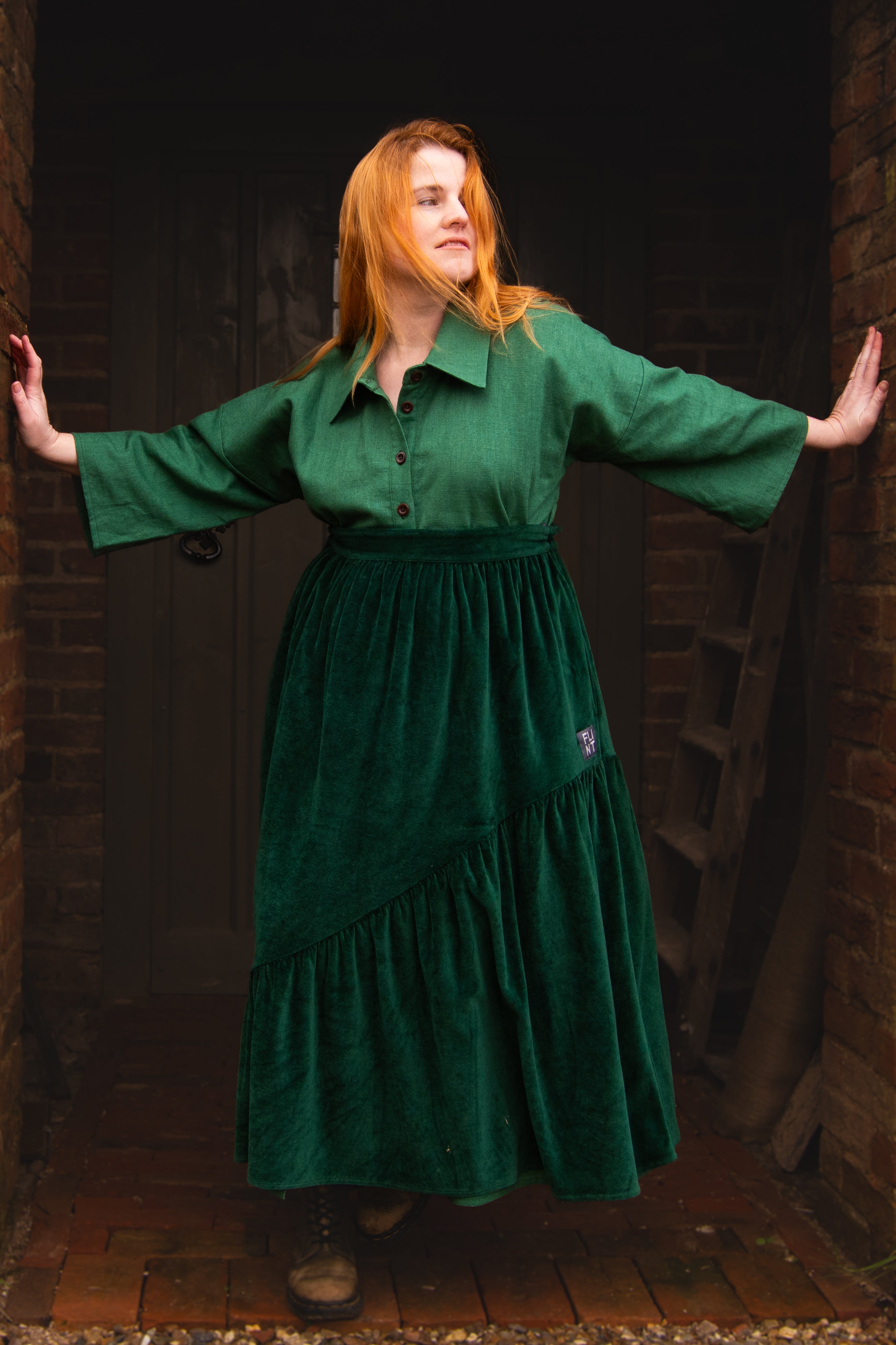 The Gathered Skirt in Green Velvet - House of Flint