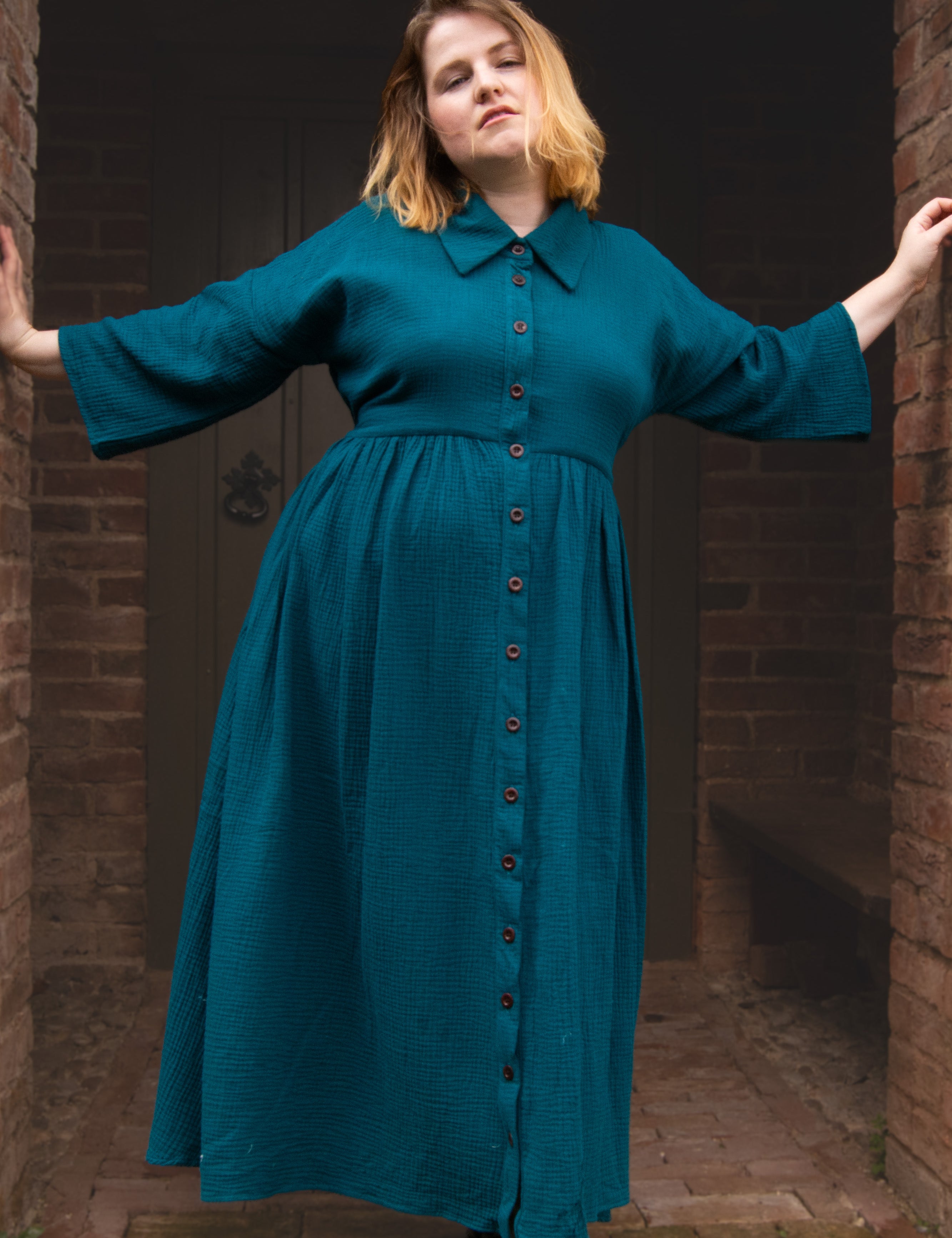 The Hybrid Dress in Peacock double gauze - House of Flint