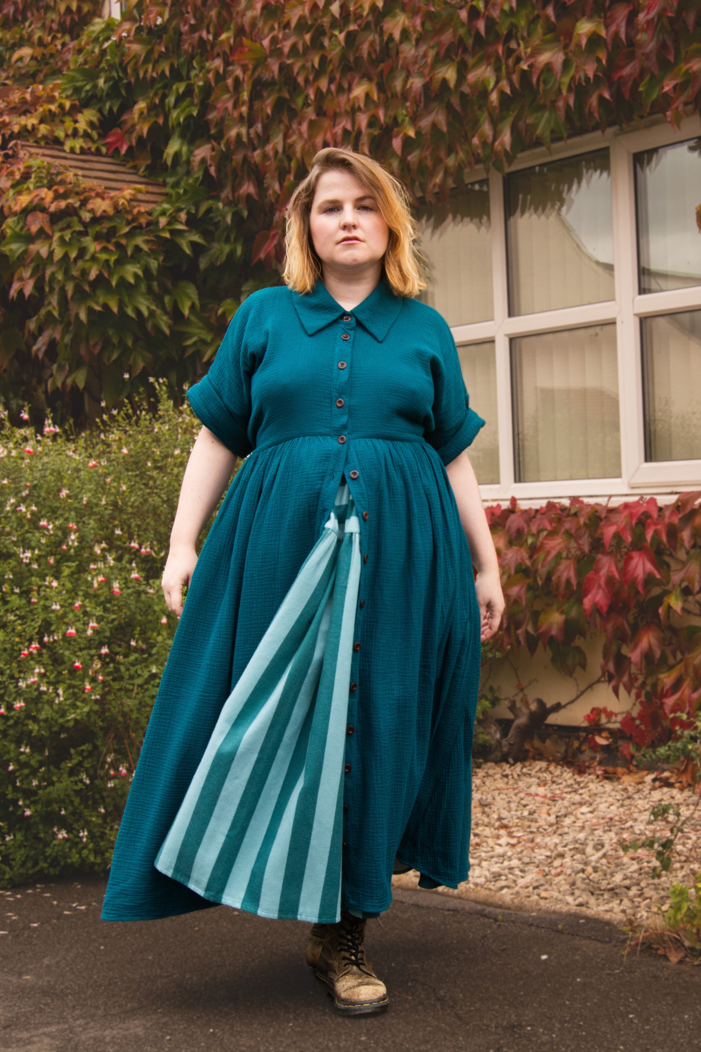 The Hybrid Dress in Peacock double gauze - House of Flint